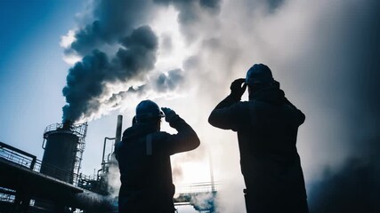 Medium shot of workers monitoring emission levels at an ecofriendly copper smelting site demonstrating commitment to air quality and sustainable industrial practices.