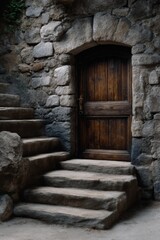 At the entrance there is a wooden door, which is reached by stone steps. The scene is done in a fantastical, photorealistic style.
