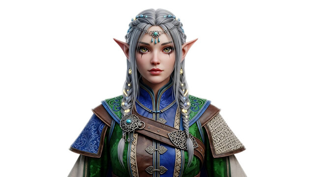 Portrait of an elf woman with silver hair and intricate clothing against a black background in a close up view