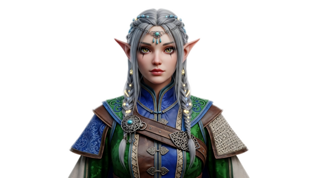Portrait of an elf woman with silver hair and intricate clothing against a black background in a close up view