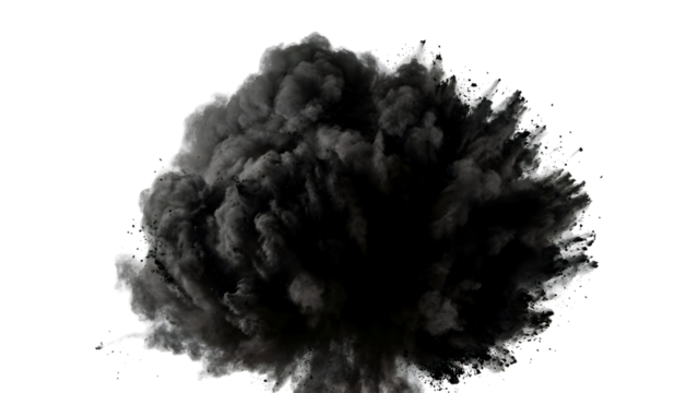 Explosive cloud of black smoke billowing dramatically against a white background.