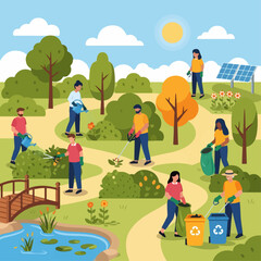 Diverse community volunteers cleaning up a park and gardening together on a sunny day with solar panels.
