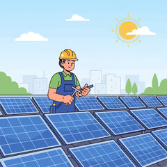 An illustration of a technician in a hard hat maintaining solar panels on a rooftop with a city skyline in the background.
