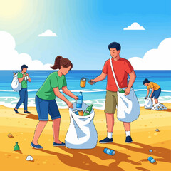 A group of young volunteers work together to clean up plastic trash and litter from a polluted beach.