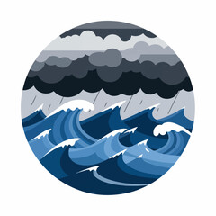 A circular vector illustration of a stormy sea with large waves under dark, rainy clouds.