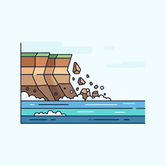 A vector illustration of a cliff collapsing into the sea due to coastal erosion and a landslide.