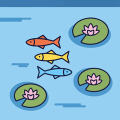 Three colorful cartoon fish swimming in a tranquil pond with lily pads and lotus flowers.