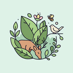 A modern line art illustration of woodland creatures including a deer, bird, and bee in a natural habitat.