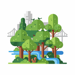 Flat vector illustration of a lush green city park with a river, trees, and a skyline with a bridge in the background.
