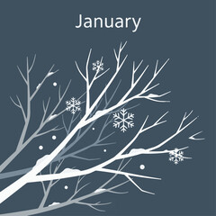 Illustration of bare winter tree branches with snow and snowflakes for the month of January.