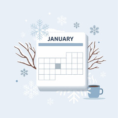 Winter illustration of a January calendar page with snowflakes, bare branches, and a hot drink.