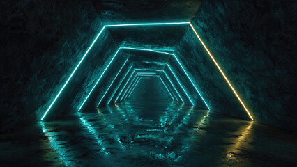 Dark, futuristic tunnel with rough walls. Glowing teal and golden neon lights form a repeating hexagonal pattern. Wet floor reflects vibrant, abstract geometry.
