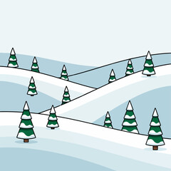 A cartoon illustration of a winter landscape with snow-covered hills and evergreen trees.