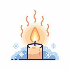Illustrated icon of a burning candle surrounded by snow and snowflakes, symbolizing warmth in winter.