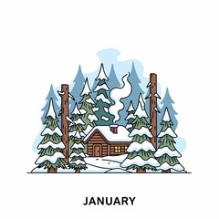 A charming illustration of a cozy log cabin nestled in a snowy winter forest during January.