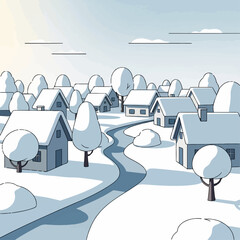An animated illustration of a quiet, snowy village with houses and trees under a pale sun.
