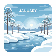 A vector illustration of a winter landscape in January, featuring a winding river through snow-covered banks and bare trees under a cold sun.