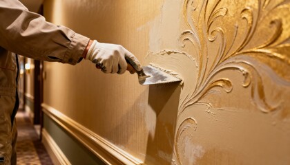 Drywall professional blending textures smoothly on hotel corridor walls focusing on refined decorative finishes that elevate the guest experience with subtle artistic touches.