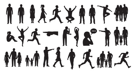Various people silhouettes showing walking running sitting dancing pointing and family moments in diverse everyday poses Concept of lifestyle movement relationship community