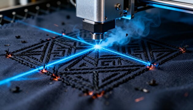 Detailed view of laser cutting precise patterns on fabric showcasing technology for intricate textile designs with accuracy.