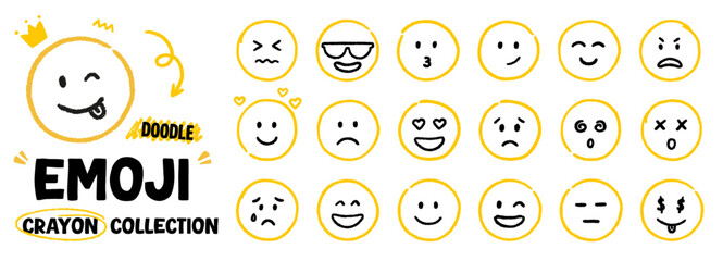 Crayon smile emoji face doodle set. Hand drawn chalk icons with emotions, kids charcoal stickers in sketch style. Vector illustration isolated on white background