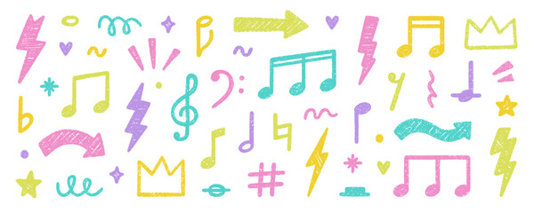 Chalk musical notes doodle set. Punk rock crayon pencil elements in sketch style. Grunge texture. Hand drawn vector illustration isolated on white background.