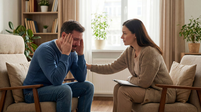 Man in emotional distress receiving support from female therapist during a comforting counseling session in warm cozy office setting