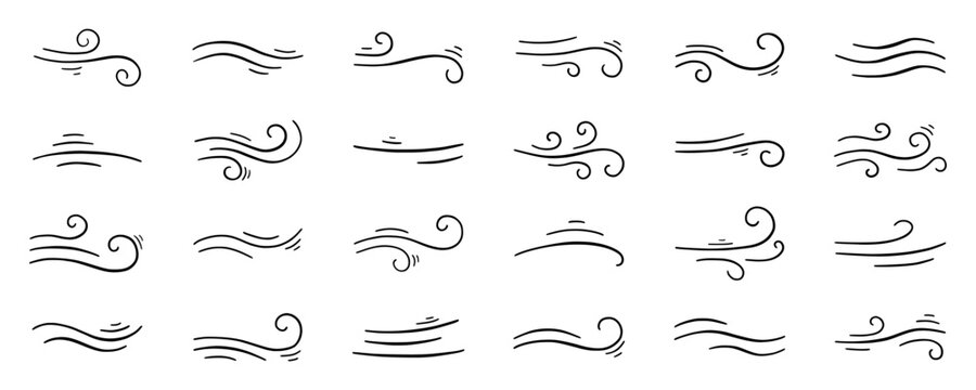 Wind air and swirl line doodle icons set. Motion and speed effect, air flow symbols and blow waves in sketch style. Hand drawn vector illustration isolated on white background