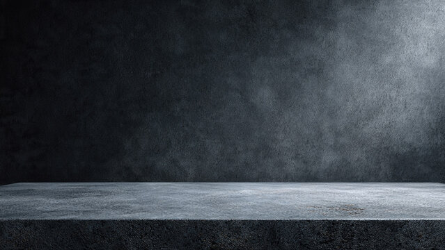 Minimalist dark concrete background and foreground stage with textured surfaces and soft, dramatic lighting.