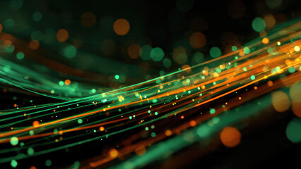 Dynamic abstract background featuring luminous green and orange light trails with glowing bokeh particles against a dark backdrop.