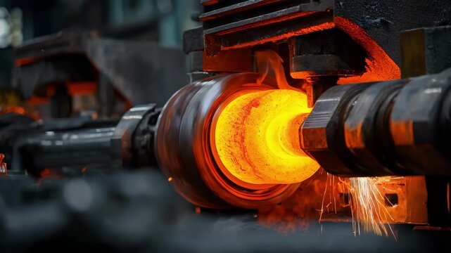 Medium shot of industrial machinery shaping a bright heated metal alloy illustrating the advanced extrusion process for hightemperature resistant materials.