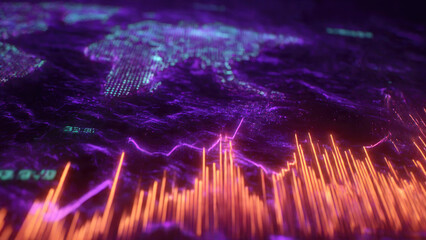 A vibrant, futuristic digital landscape showcases a glowing world map. Dynamic orange bar graphs and a purple fluctuating line visualize global finance and tech data.