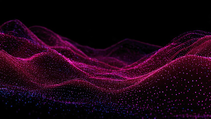Abstract digital landscape of glowing magenta and purple particles forming undulating waves, representing data flow and technological interconnectedness.