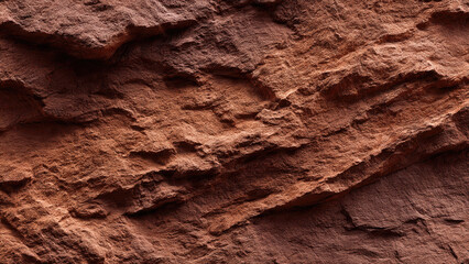 Fototapeta premium A detailed close-up of a rugged, reddish-brown rock surface, featuring intricate rough textures and deep shadows, suggesting natural geological formation.