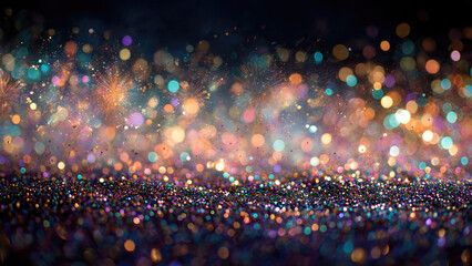 A dazzling display of shimmering glitter in the foreground, with bokeh lights and abstract fireworks creating a festive, magical background. Perfect for celebrations.