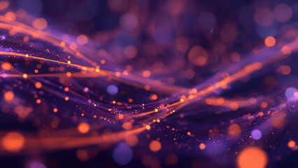 Abstract digital art depicts flowing luminous orange light trails intertwining with deep purple waves, scattered bright bokeh particles creating a futuristic, interconnected energy network.