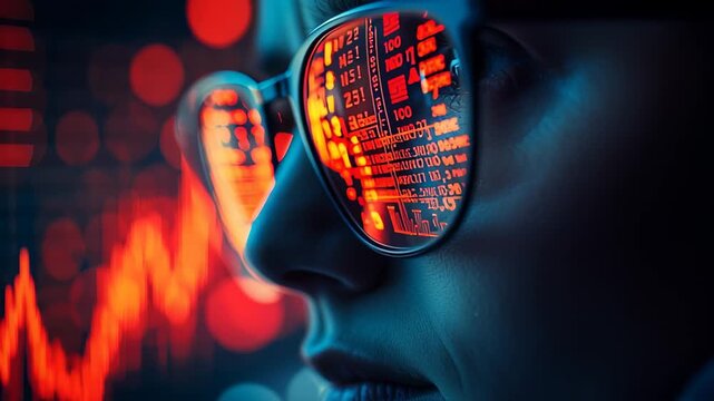 Analyzing financial data reflected in glasses of person with dramatic red graph background