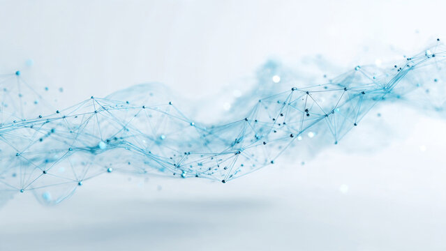 A dynamic abstract blue network of interconnected dots and lines, representing data, technology, and futuristic digital connections in a serene, light environment.