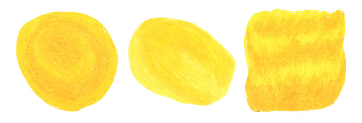 Artistic hand drawing yellow crayon oil pastel textured round blobs set. Abstract creative watercolor circle sun shape for pancake concept, sunny banner design, texture frame background
