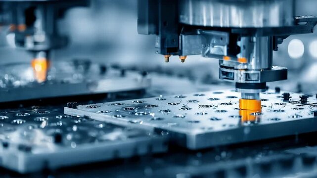 Medium shot of progressive die stamping machine shaping intricate automotive parts with steady precision in a modern industrial setting.