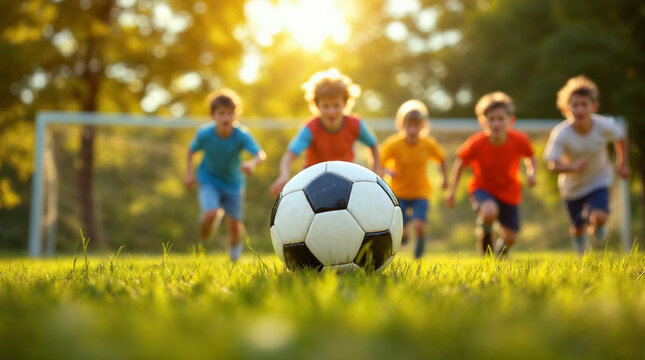 Close-up soccer ball with kids running on sunlit grassy field in background. - Powered by Adobe