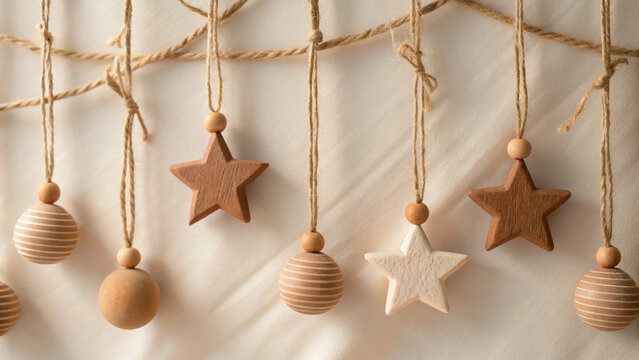 Christmas eco friendly wooden star and ball ornaments hanging on twine create warm natural festive decoration for cozy holiday atmosphere