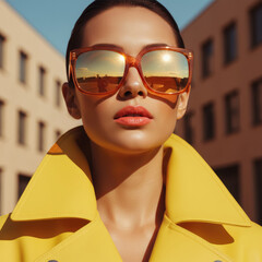 Stylish Woman in Oversized Sunglasses and Yellow Coat Under Warm Urban Sunlight