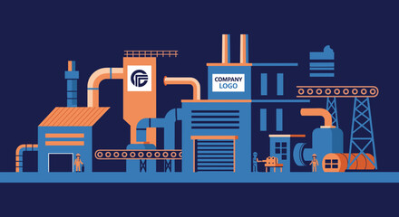 Obraz premium Industrial factory complex illustration with production lines and workers Manufacturing concept