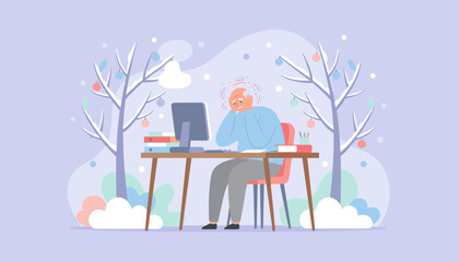 Senior man suffering a headache from work burnout while remote working on a computer in a cold winter landscape