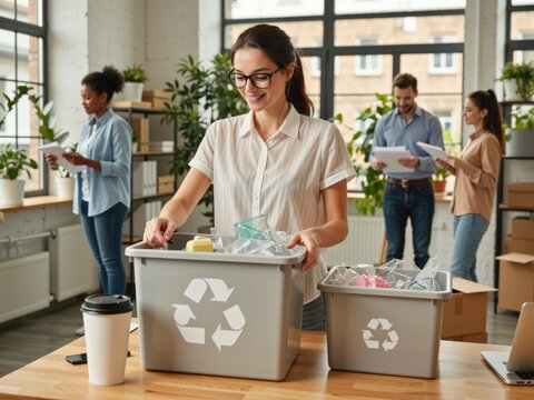 Woman sorting plastic waste in office recycling bin - Powered by Adobe