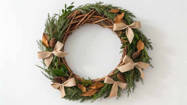 Christmas eco friendly wreath with pinecone, green foliage, and natural ribbon bow, rustic holiday decoration for wall, festive and sustainable