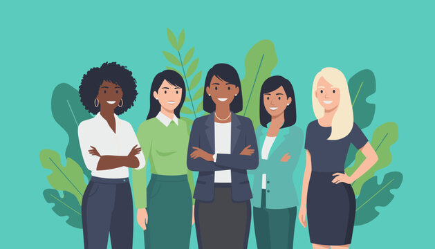 Diverse group of professional business women smiling confidently symbolizing teamwork and success