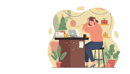 Overwhelmed woman suffering from holiday burnout while working at her home office desk