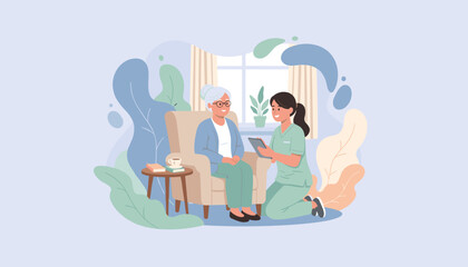 Home care Nurse assists smiling senior woman with digital health checkup